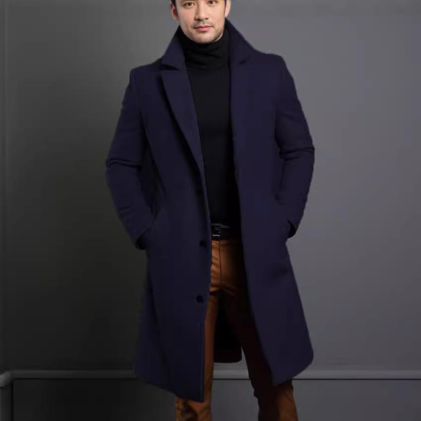 Men's Mid-Length Solid Color Woolen Coat - Warm Autumn/Winter Jacket