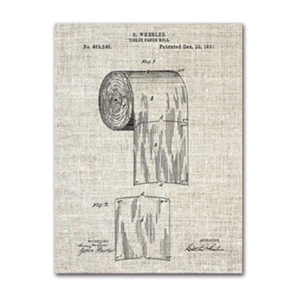 Toilet Paper Patent Vintage Poster, Bathroom Wall Art Prints, Toilet Paper Roll, Canvas Painting Blueprint, Toilet Sign