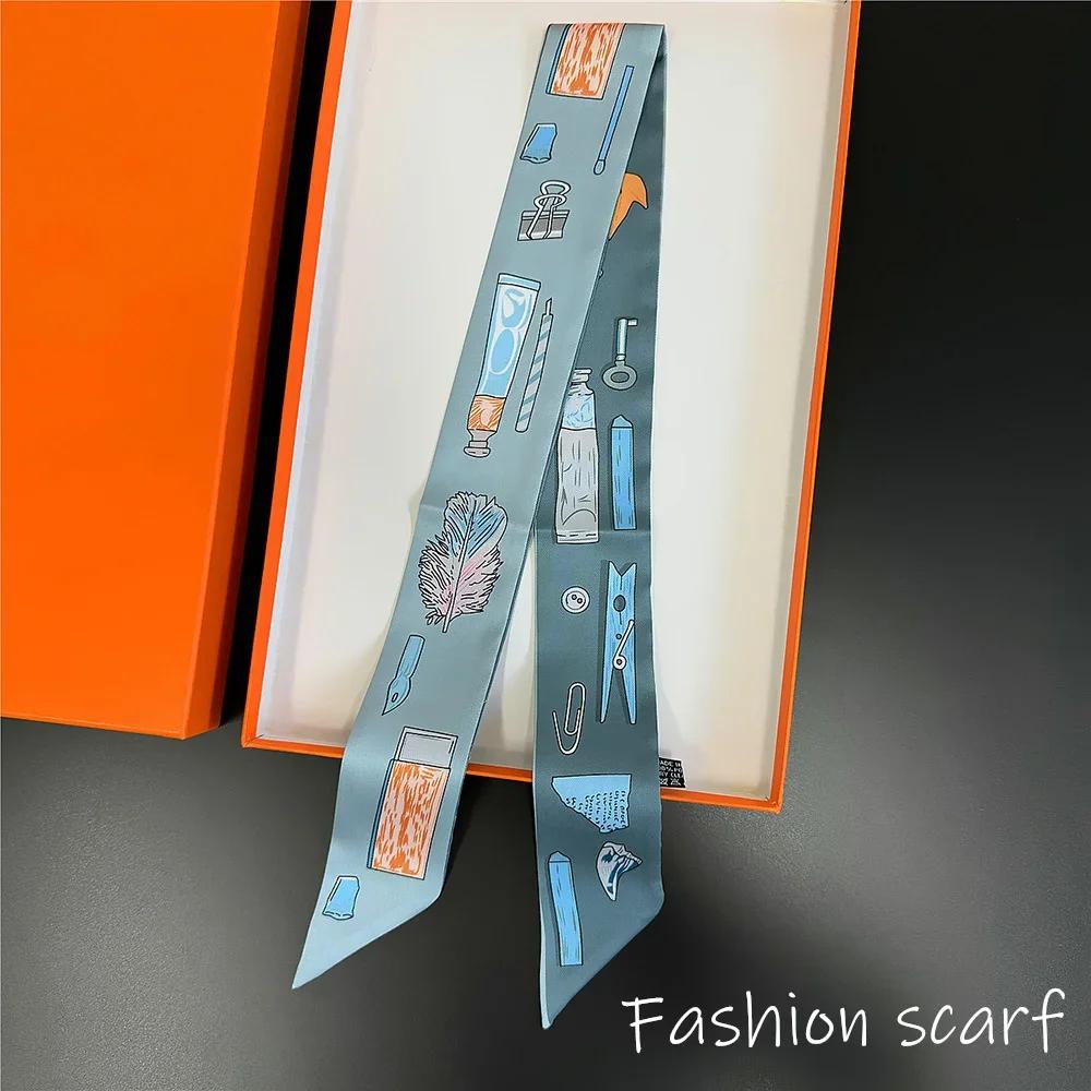 1 Stück Neuer Koreanischer Stil Griff Damen Köperdruck Schal Langes Band Haarband Halskette Schmaler Seidenschal Taschen Dekoration Zubehör