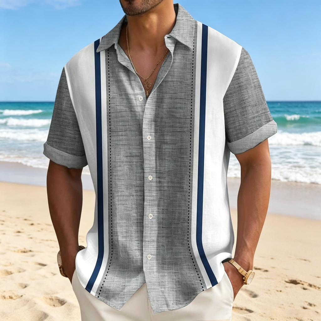 Men's Casual Loose Fit Short Sleeve Button Down Shirt with Vertical Stripe Print Lightweight Breathable Fabric for Daily Wear