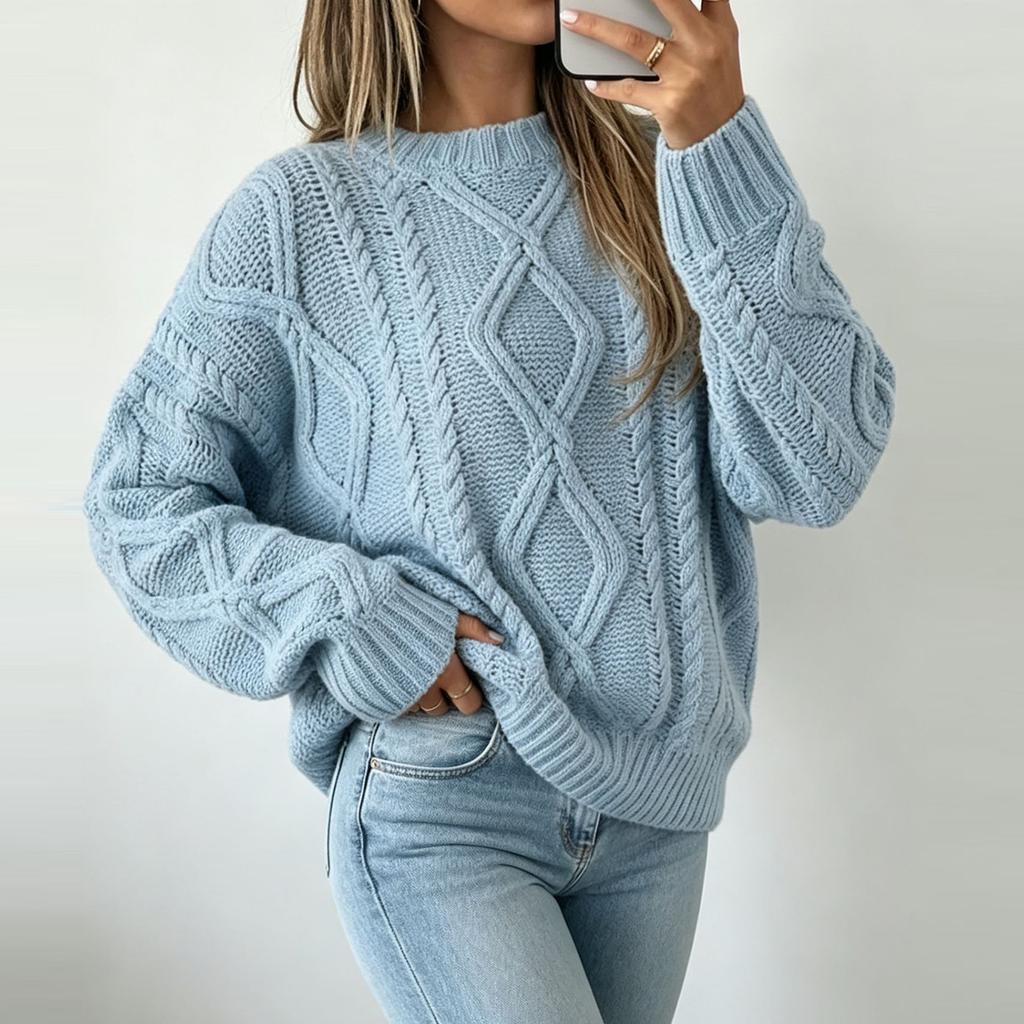 Women's Cable Knit Pullover Sweater - Loose Fit Neck Casual Top for Everyday Wear