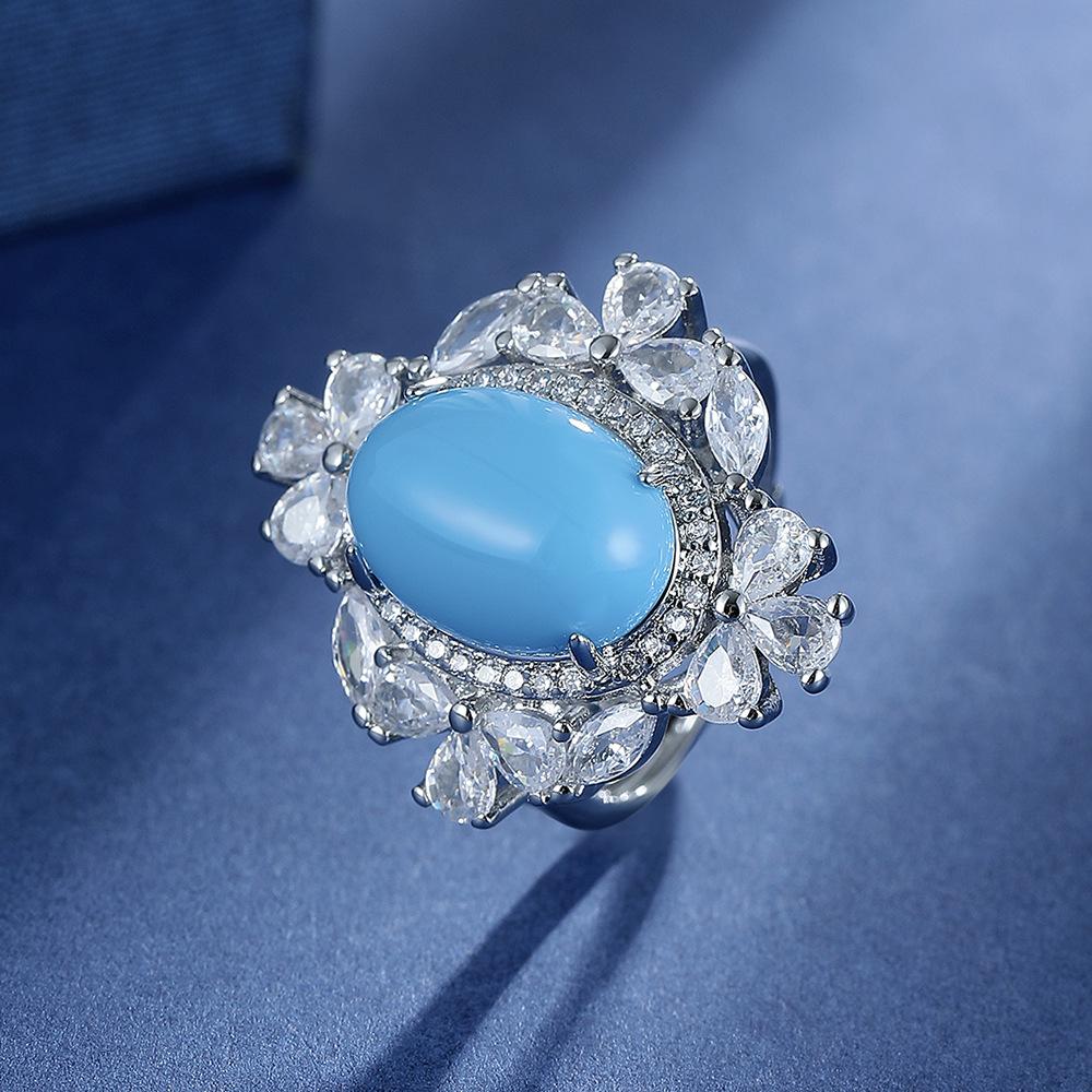 

Винтажное синтетическое бирюзовое кольцо с открытой огранкой и полным цирконием adjustable opening белого золота