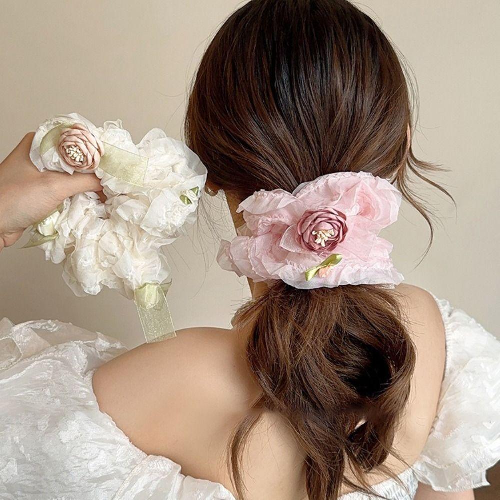 Solid Color Flower Hair Bands Satin Hair Rope Cute Hair Ties  Women Girl