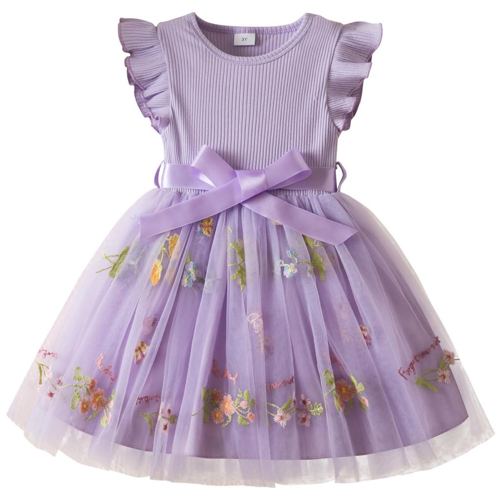 Girls Fashion Flower Embroidery Mesh Bow Sweet Children Princess Dress Puffy Dresses