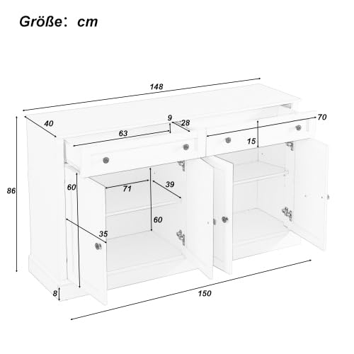 Sideboard Kommode mit 4 Türen und 2 Schubladen, moderner Buffetschrank mit viel Stauraum, Verstellbares Regal