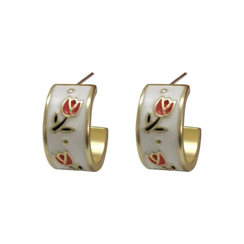 925 Silver Needle French Retro Enamel Tulip C-Shaped Earrings - Light Luxury Floral Design for Women