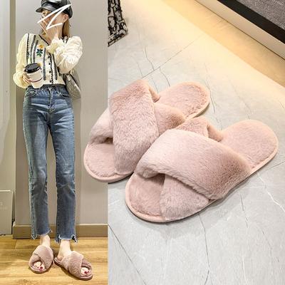 Popular Cross Plush  Autumn and Winter New Indoor Thermal Cotton Thickened Leaking Toe Fluffy Slippers Non-slip Slippers