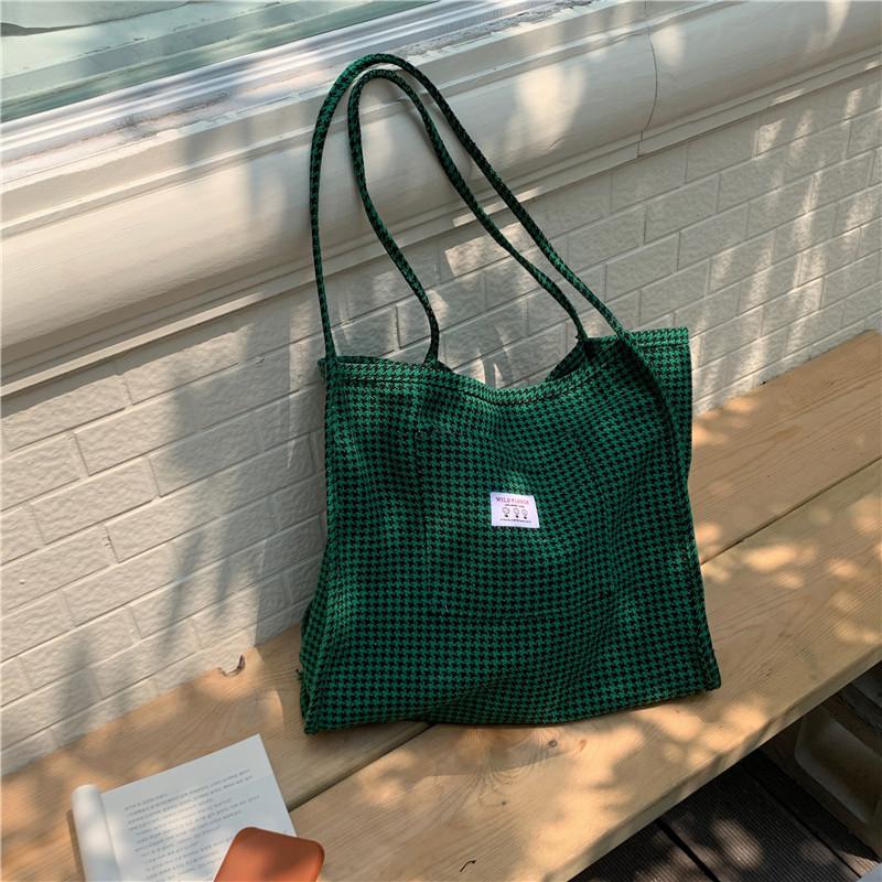 

Autumn and Winter Houndstooth Tote Bag Korean Style Shoulder Canvas Bag Female Student Large Capacity Shopping Bag темно-зеленого