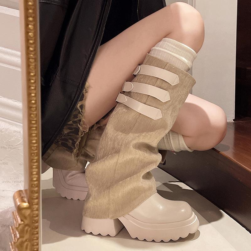 Fashion Medium Heel High Boots Fashion Round Toe Sleeve Belt Buckle Platform Anti-Slip Wear-Resistant Fashion Boots