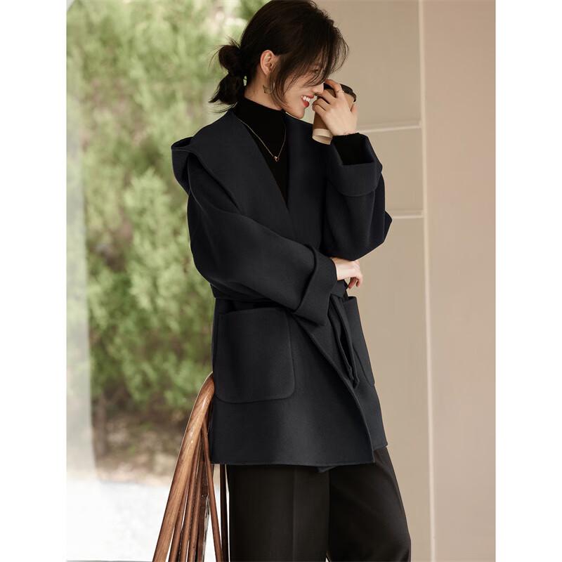 Women's Hand-Sewn Hooded Double-Faced Wool Blend Coat