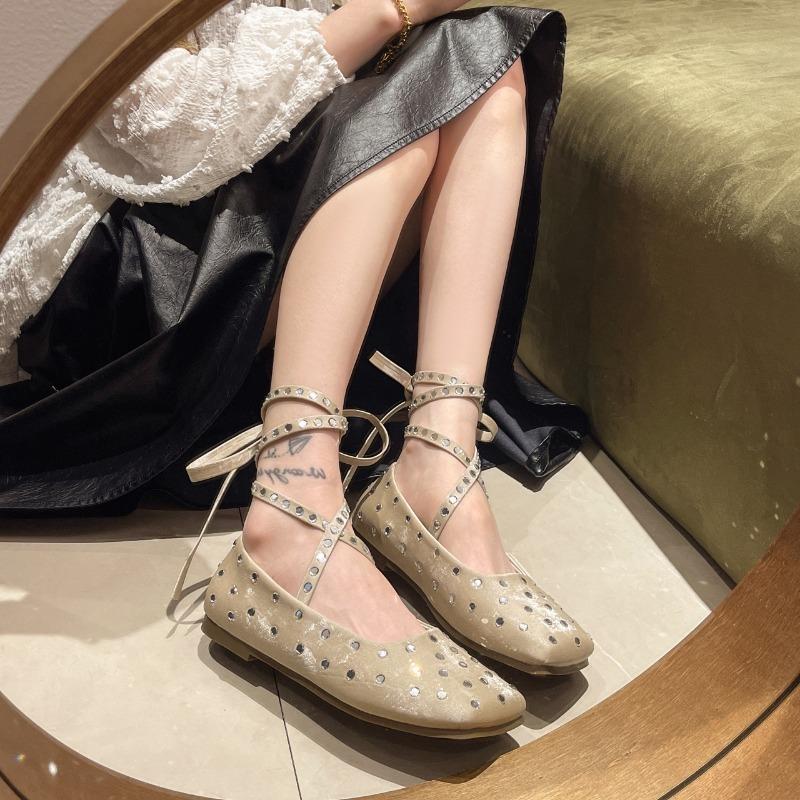 Ballet Flats Square Toe Rhinestone Crystal Decor Strap Summer Elegant Dress Black White Lace-up 2024 Women Shoes