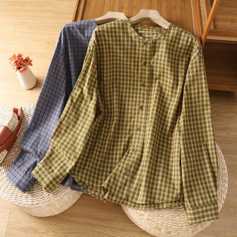 Women's Linen Blend Casual Loose Plaid Shirt Round Neck Half Button Long Sleeve Top Cardigan