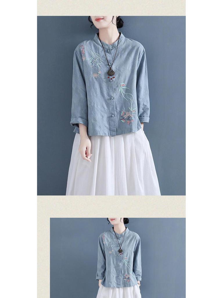 Chemise Vintage Broderie Chinoise Coton Lin Col Montant - Printemps/Automne 2025