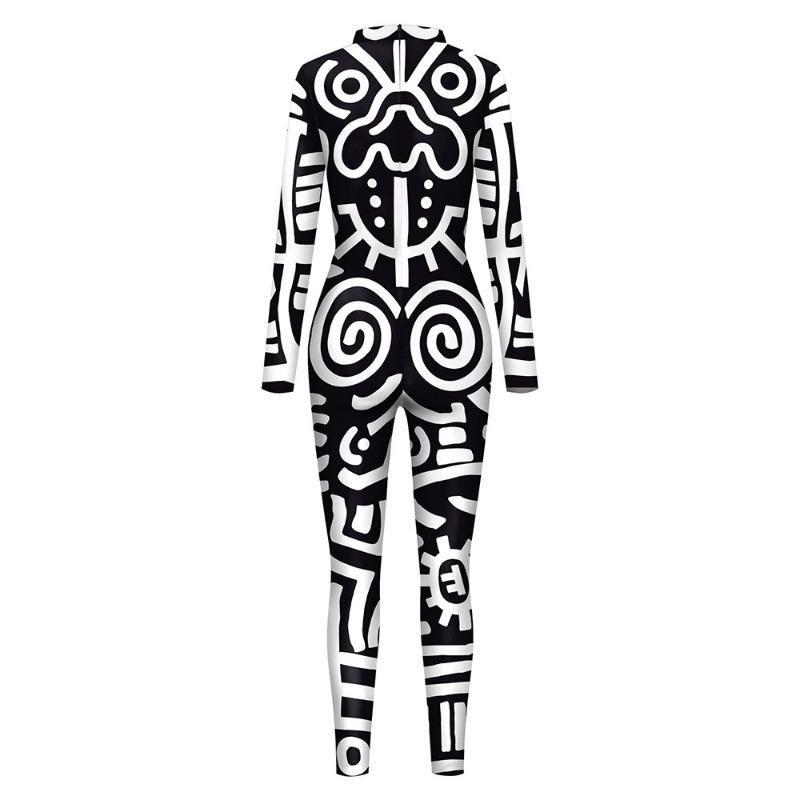 Costume women's new black and white retro abstract pattern digital printing Halloween performance one-piece costume