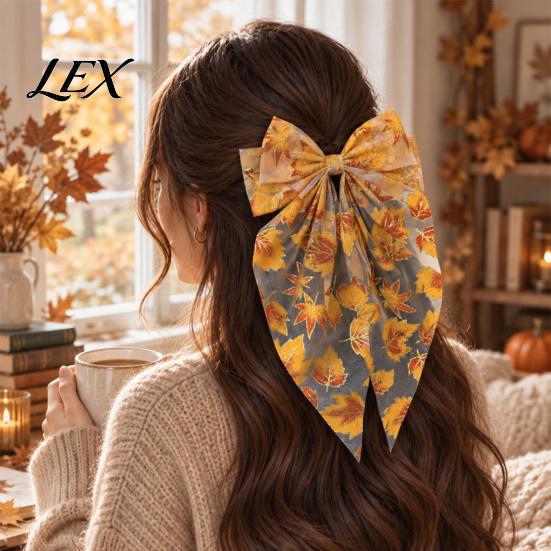 Elegant Streamer Hair Clip Fall Maple Leaf Bows for Women Girls, Autumn Leaves Clips, Large Bowknot Outfit Accessories Barrettes, Gold Hairpin