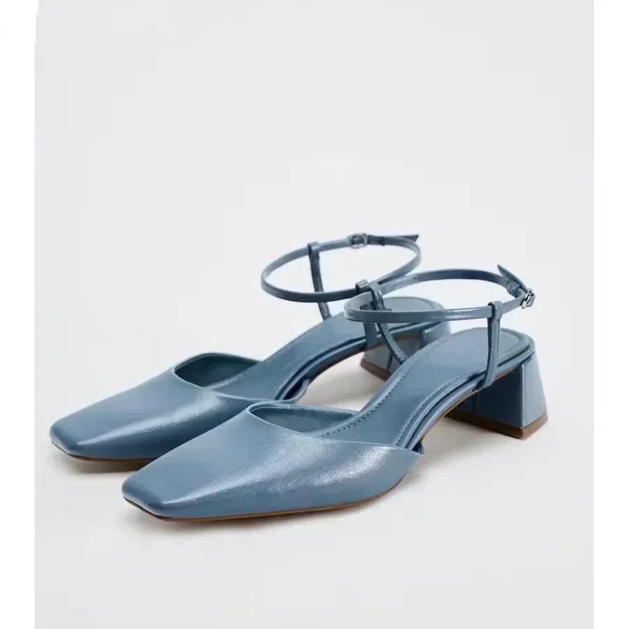 

Fashion Blue Square Toe Ankle-Wrap Heeled Sandals Women Brand Designer High Heels Summer Cute Mules Sandals Shoes Sandalias De Mujer 35