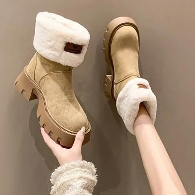 2024 Thick-soled Cold Winter Snow Boots Flocked Fur Mid-calf Boots Wedge-heeled Women's Shoes Warm Thick-soled Heightening Boots