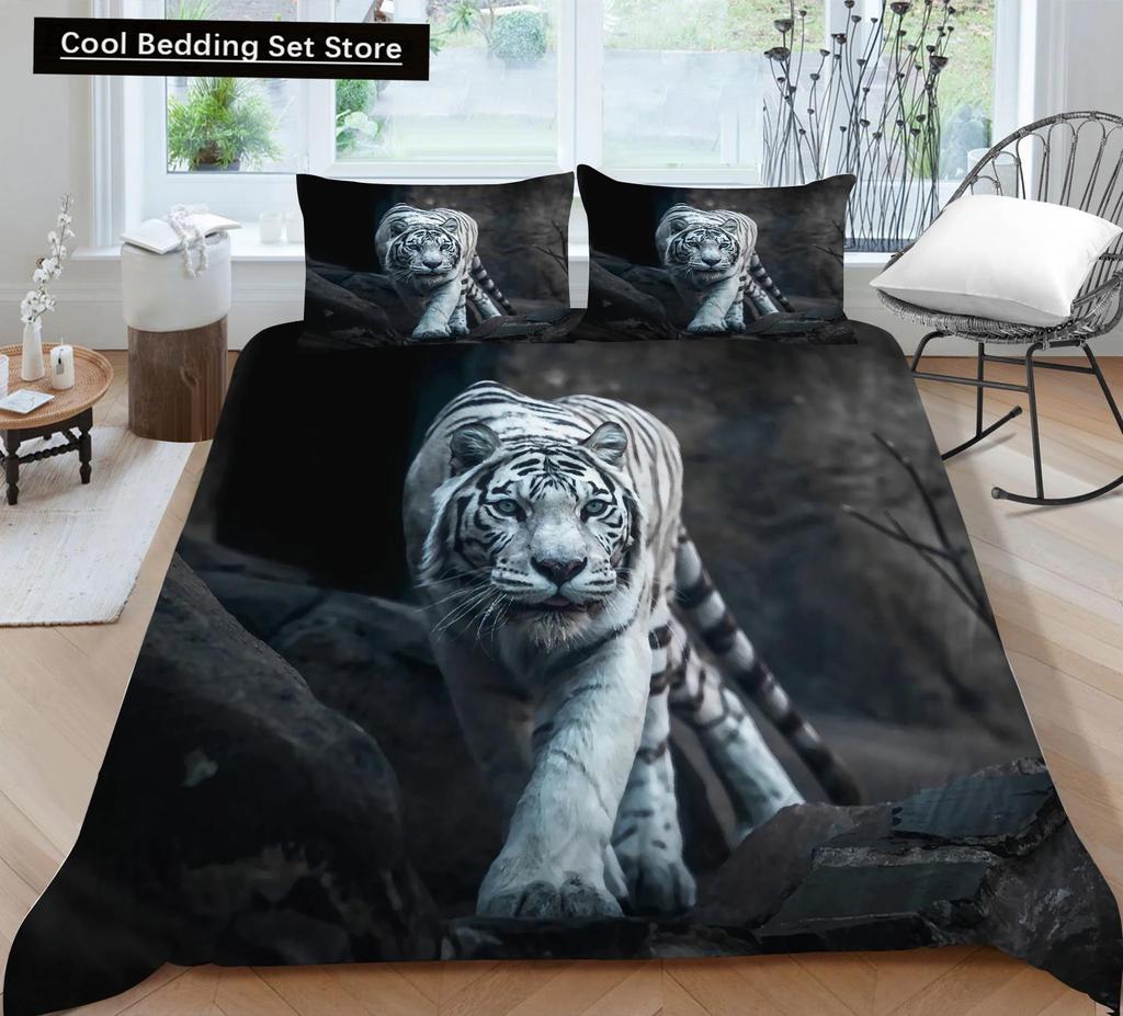 Tiger Duvet Cover Set Red Rose Flower Comforter Cover Boys African Safari Wild Animals Big Cat Queen King Polyester Qulit Cover