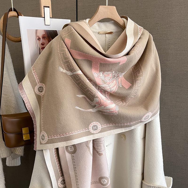 Luxury Winter Faux Cashmere Scarf for Women Fashionable Thickened Little Horse Design European And American Style Warm Shawl