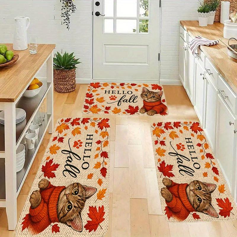 Autumn Thanksgiving Cat Kitchen Mats Home Decor Fall Maple Leaves Non-slip Door Mat Living Room Balcony Hallway Rug Autumn Decor