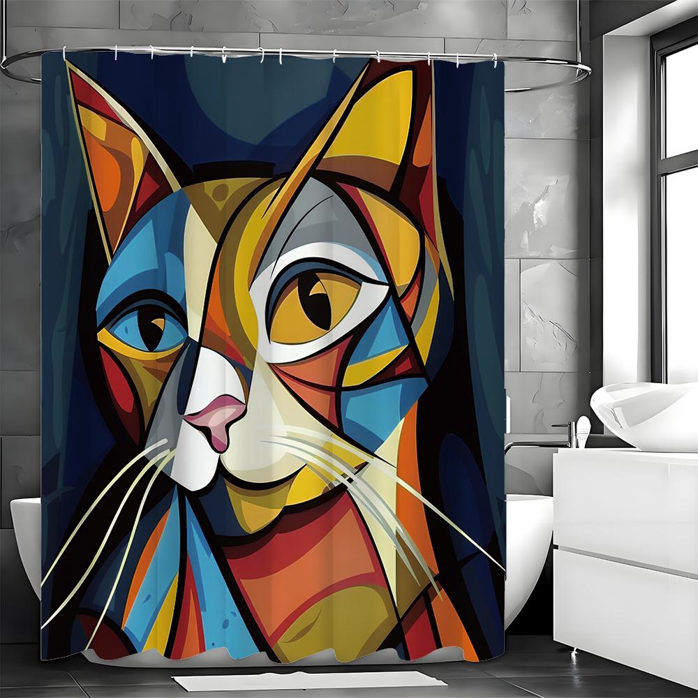 Abstract Art Cat Shower Curtain, Bathroom Decorative Shower Curtain, Waterproof Shower Curtain with Hooks