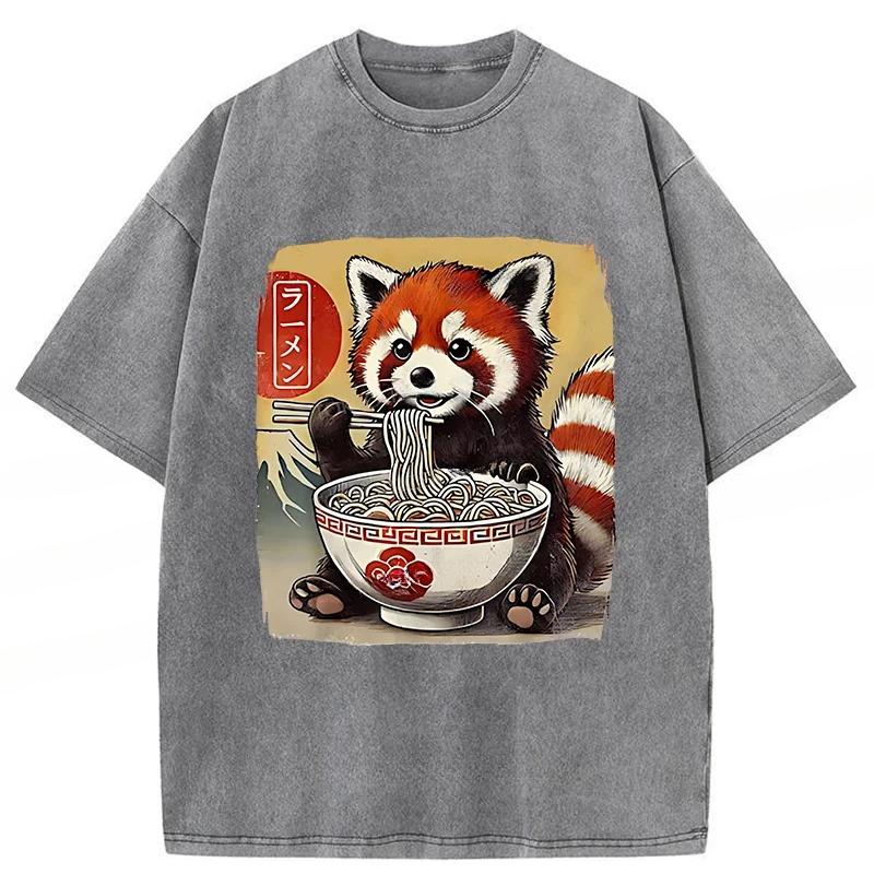 

Harajuku Summer Fashion Tees Vintage Cute Raccoon Eating Ramen Funny Japanese Washed T-Shirt Holiday Short Sleeve Tops 3XL