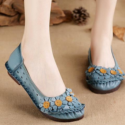 Vintage Flower Moccasins Woman Genuine Leather Ballet Flats Ladies Hollow Slip Women's Luxury Loafer Purple Walking Shoes 42