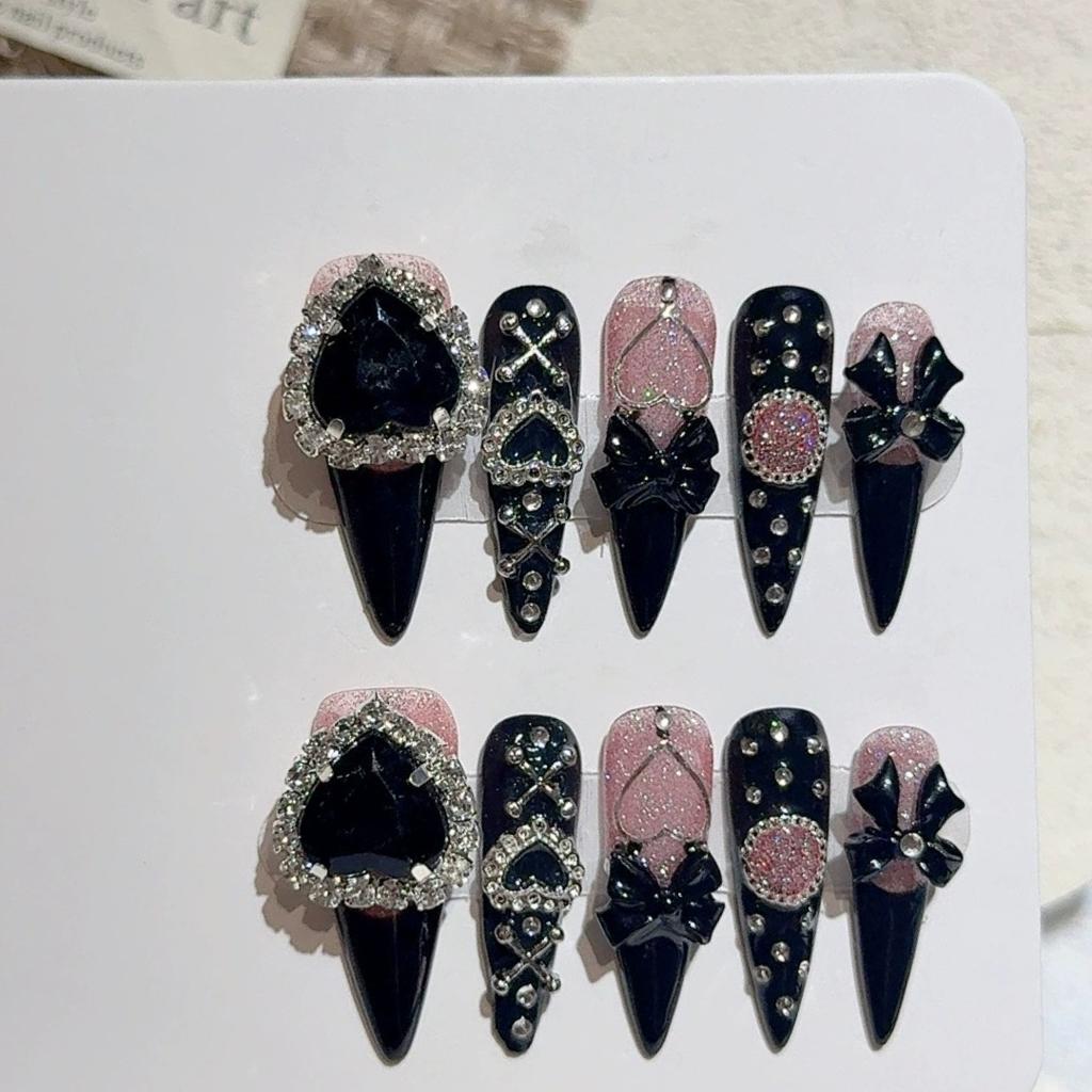 10 Pcs Y2K Black Stiletto Almond Press On Nails Handmade False Nails With 3D Bow Heart Design