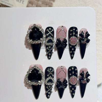 10 Pcs Y2K Black Stiletto Almond Press On Nails Handmade False Nails With 3D Bow Heart Design