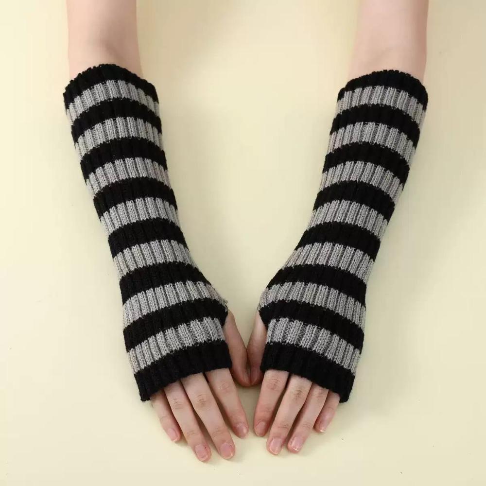 Lolita Long Fingerless Gloves Y2K Fingerless Arm Warmers Arm Cover Striped Knitted Arm Sleeves  JK
