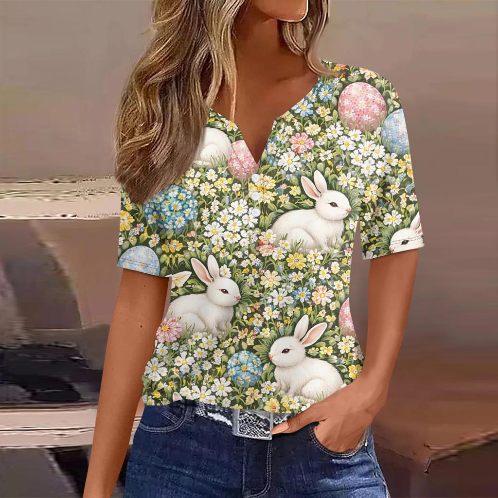 Tricou damă, tricou cu imprimeu, nasturi, mânecă scurtă, tunică, modă zilnică de weekend, top simplu cu decolteu în V, stil regulat