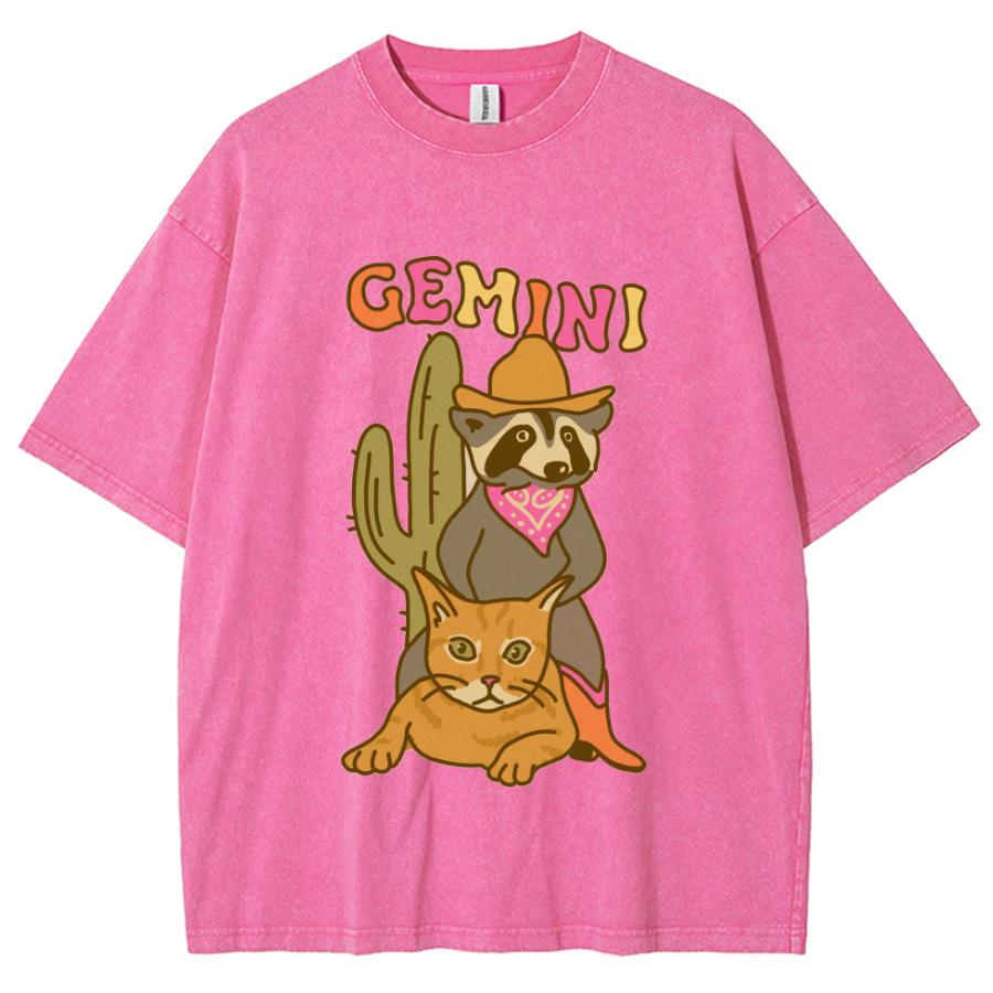 Gemini Cartoon Print Women T-Shirt Washed Denim Oversized Loose Crew Neck Couple Half Sleeve Unisex Cute Retro Style Top