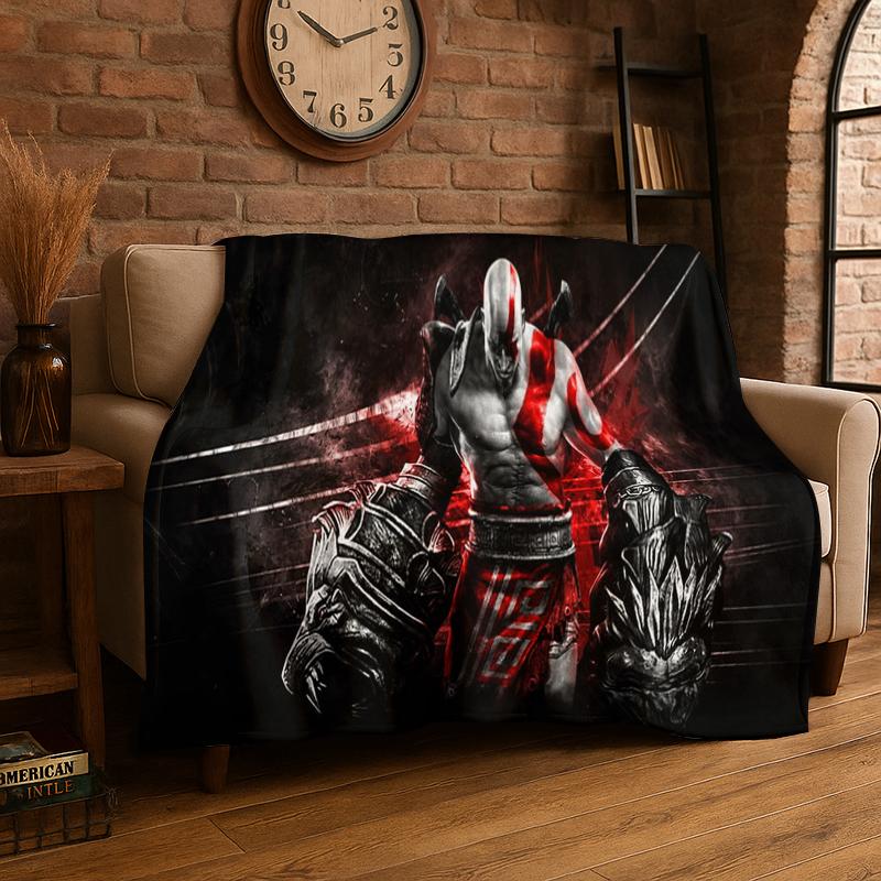 Retro God of War Spiel Kratos Flanelldecke Weiche Warme Überwurfdecke für Schlafzimmer Wohnzimmer Bett Reise Camping Picknick Geschenk