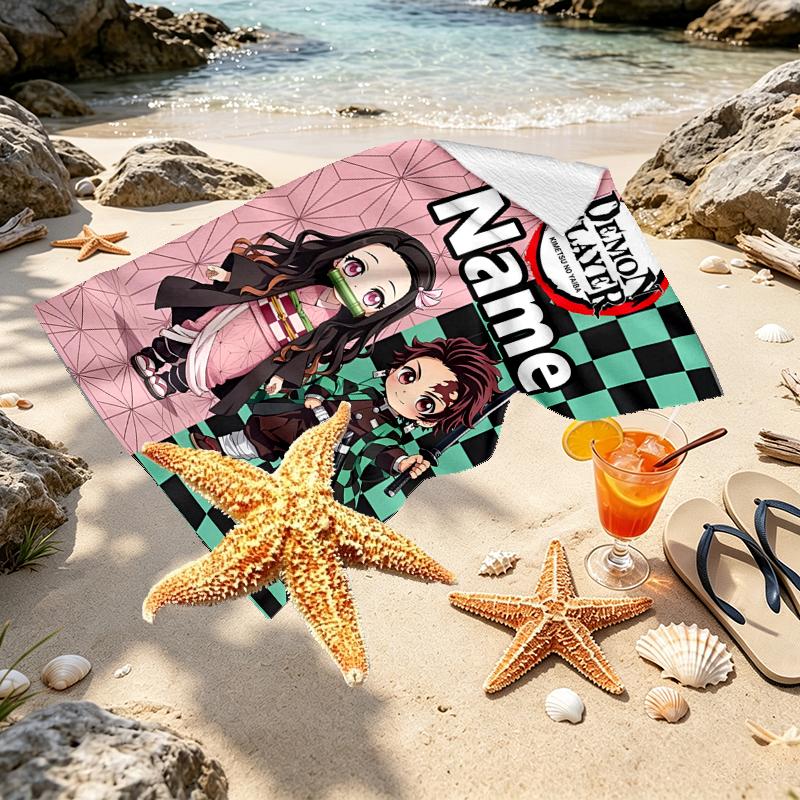 Custom Name Personalized Demon Slayer Print Beach Towel, for Trip Camping Beach Party Home Decor, Birthday Gift for Family & Friends
