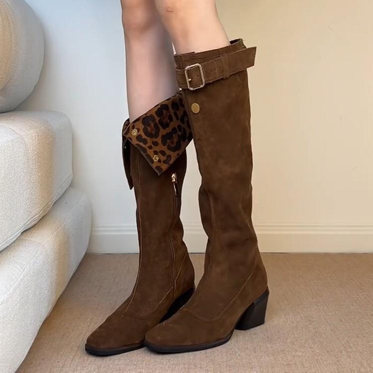 Retro Fold Two Wear Tall Pile Boots Belt Buckle Thick Heel Western Knight Boots Women's High Heel But Knee Boots