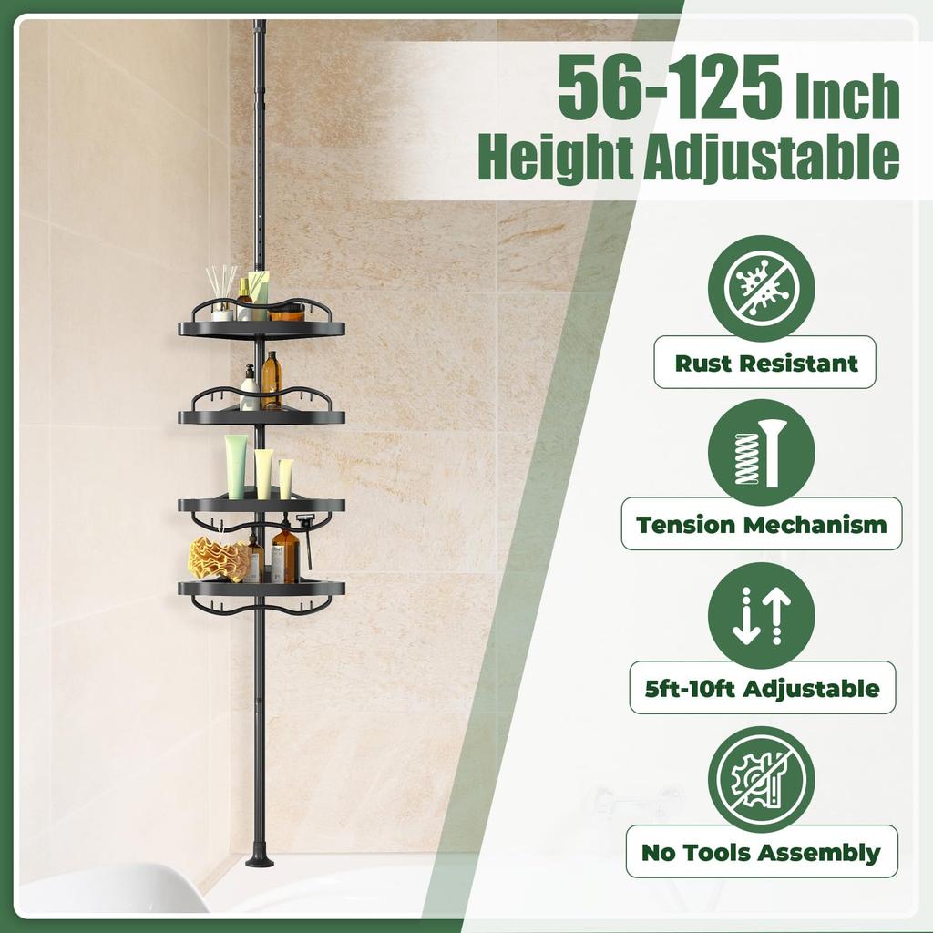 Bathroom Adjustable Tension Pole Corner Shower Caddy with ABS Rustproof Stainless Steel No Drill Shower Large Shower Storage Shelf for Rack, 140-310cm