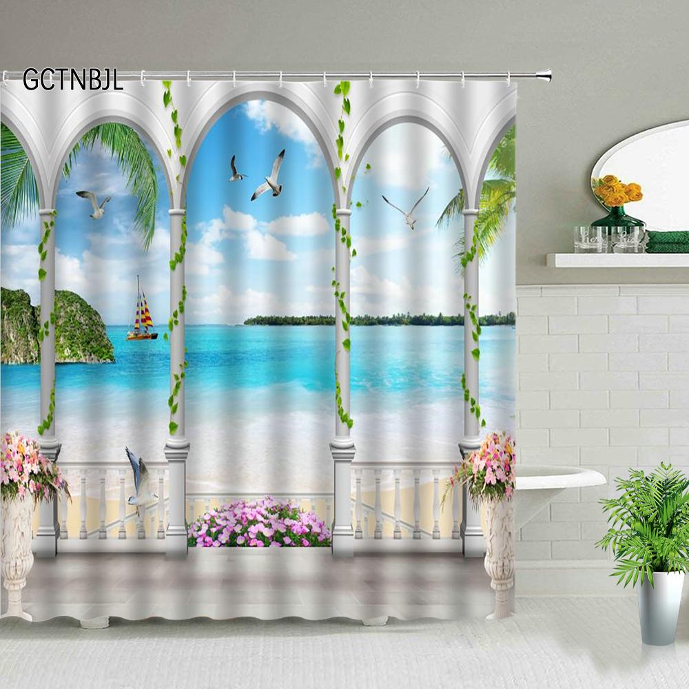 Ocean Scenery Shower Curtains Ldyllic Building Flower Plant Spring Landscape Bathroom Curtain Waterproof Fabric Bathtub Screen