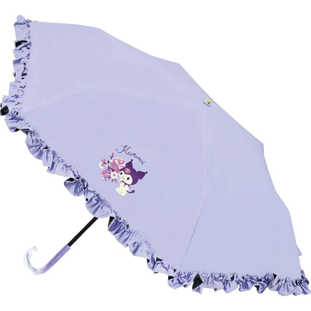 Sanrio Kuromi Frill Parasol Folding Umbrella 50cm 6 Ribs Hand Open Safety Wheel Sunny and Rainy Shinamo Character One Point Cute Design Girls