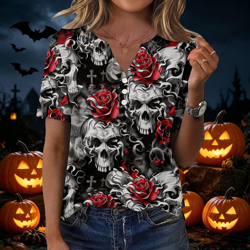 Women's Casual Halloween Print V-Neck Short Sleeve Button T-Shirt Top
