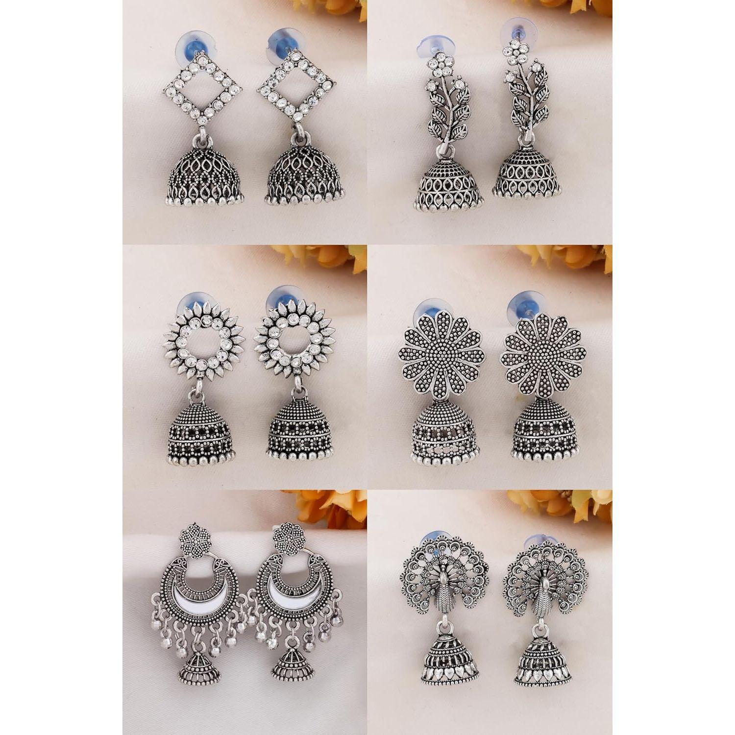 

girls fashion jhumka meenakari oxidised kundans flower Temple South Indian Traditional Ear rings Set stylish Big Jhumki Combo pack of 6.
