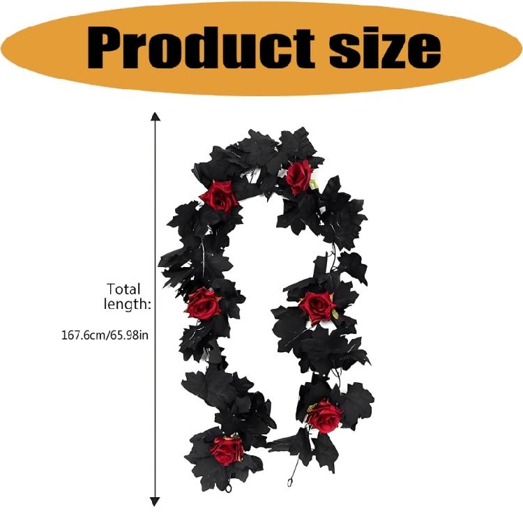 Halloween Home Setting Accent, 65.98 Inch Black Maple Rose Chain for Entryway, Door Frame, Shelf, and Wall Trim
