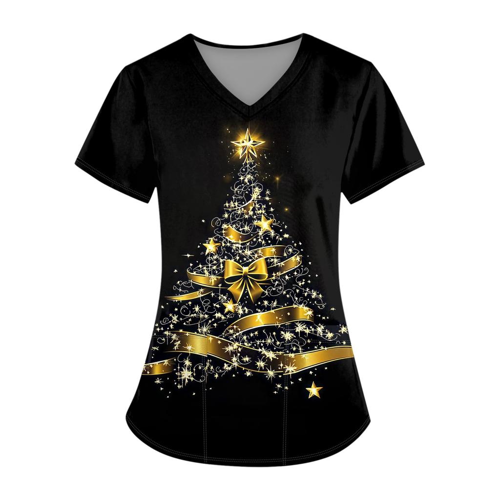 Hauts d'uniforme de travail imprimés grande taille pour femmes, col en V croisé, imprimé Halloween, manches courtes, t-shirts amusants, t-shirts de travail avec poches