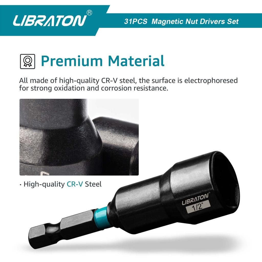 Libraton Impact Socket Set 31 Pieces Electric Drill Driver Socket Bit Impact Socket Adapter Impact Bit Extension Bar with Case 1/4"