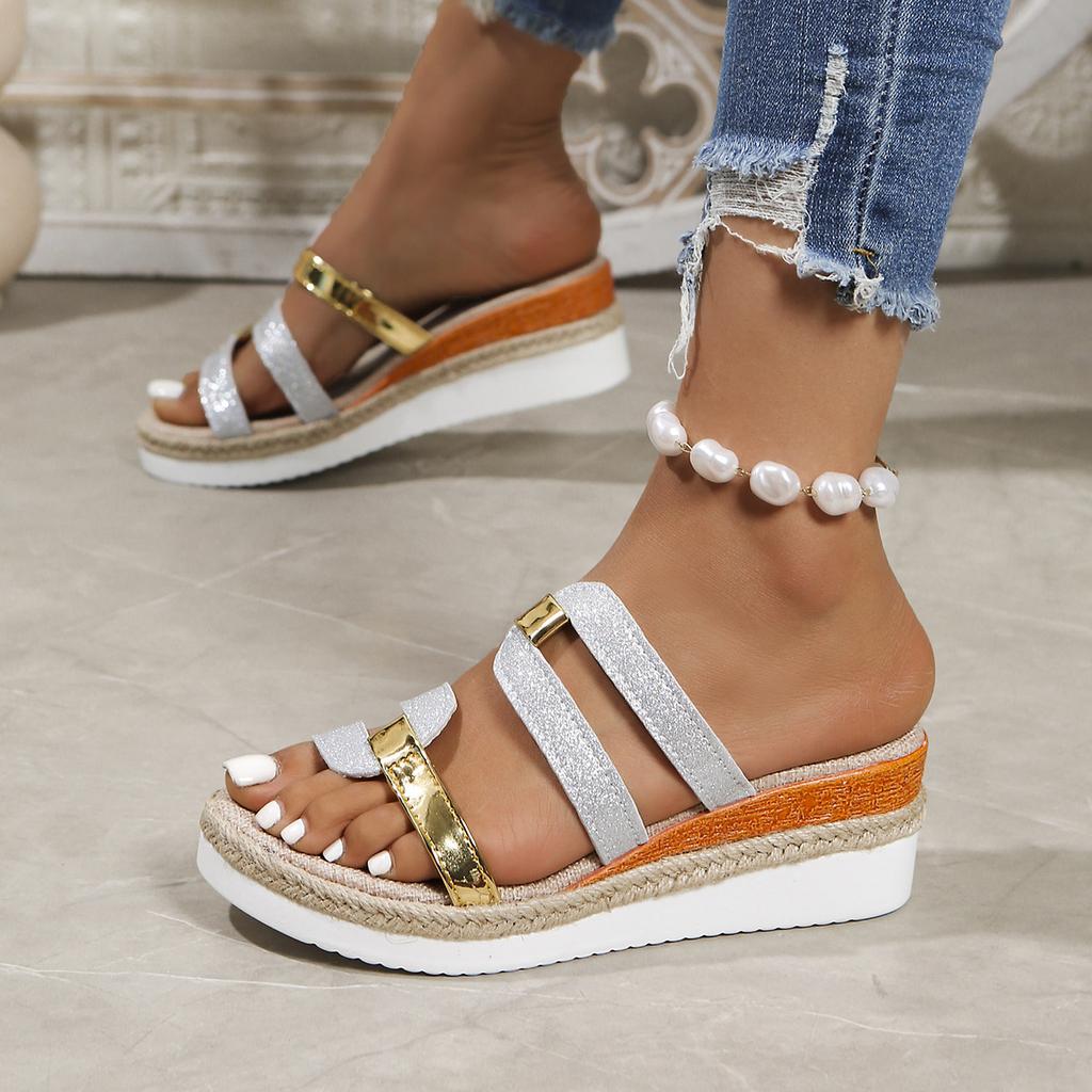 Damen Sandalen mit breiter Weite und Peeptoe, Sommer Pantoletten mit Keilabsatz, Großhandel lässige Hausschuhe für Damen