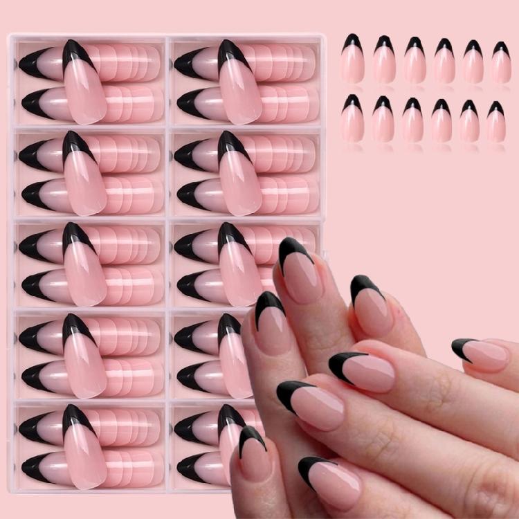 120x/Box Black French Tip False Nails Simple Full Cover Stick On Nails Wearable Almond Press On Nails Manicures Suppliss