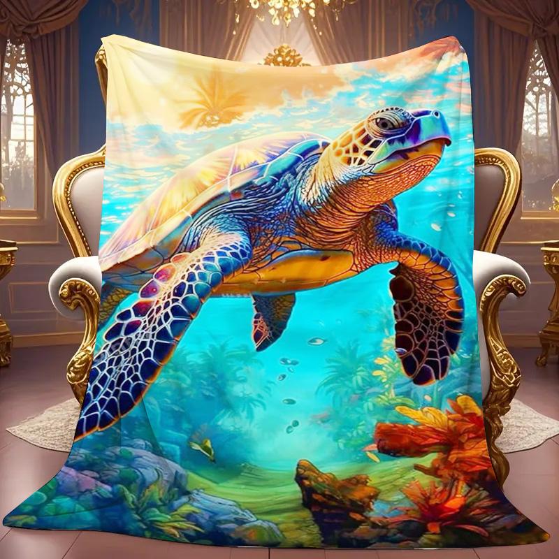 Colorful Sea Turtle Underwater Ocean Print Fleece Blanket Soft Warm Cozy Throw Blanket Sofa Bed Home Decor Sea Animal Lover Gift