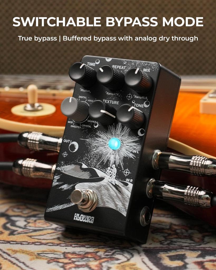 Klowra Everlast Delay Pedal for Electric Guitar - 2025 Edition Digital Guitar Effect Pedal with 9 Stereo Delay Types, Tap Tempo, True Bypass, Analog