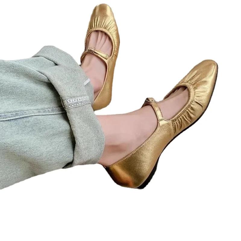 Fashion Pleated Fashion Ballet Flats Women Leather Shoe Women Casual Buckle Strap Silver Flats Gold Square Toe 2024 Spring Women's Shoes