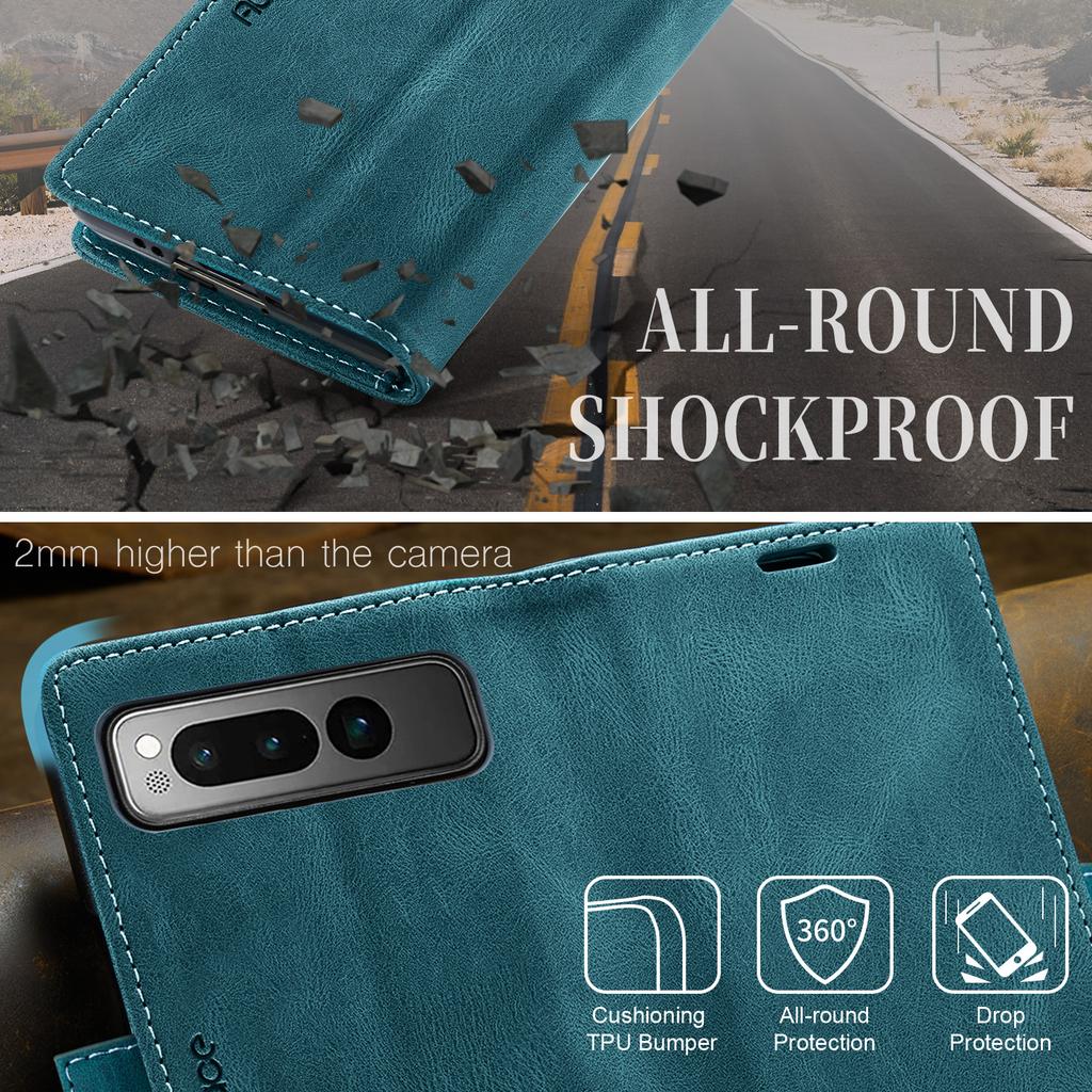 For Google Pixel Fold Wallet Case AUTSPACE A01 Leather Stand Cover with RFID Blocking Card Holder
