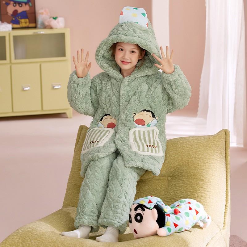 Girls Winter Warm Coral Fleece Pajama Set 3-Layer Quilted Sleepwear Cartoon Animal Print Kid Home Outfit